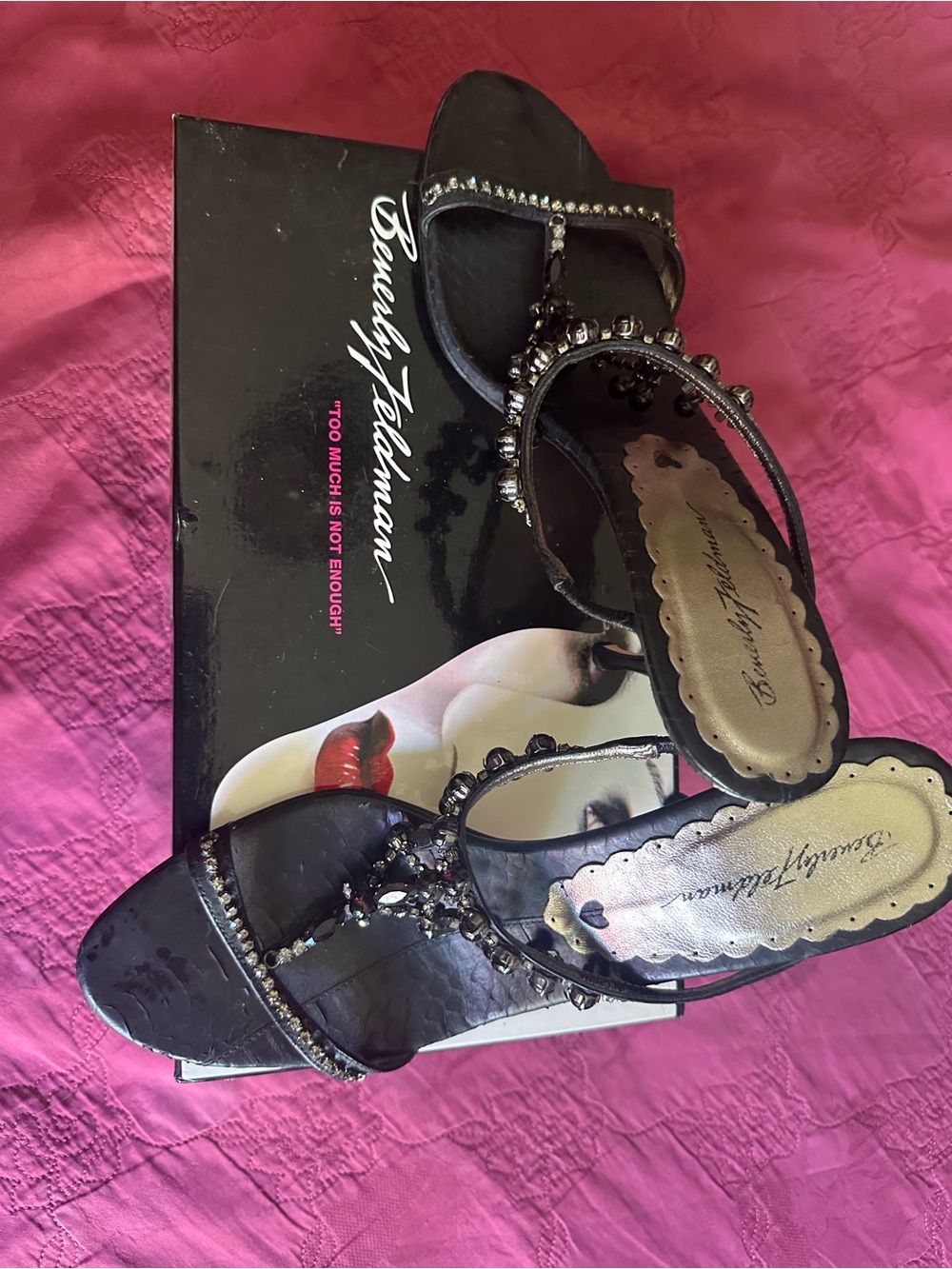 Beverly Feldman Black Jeweled Slingback Heels
